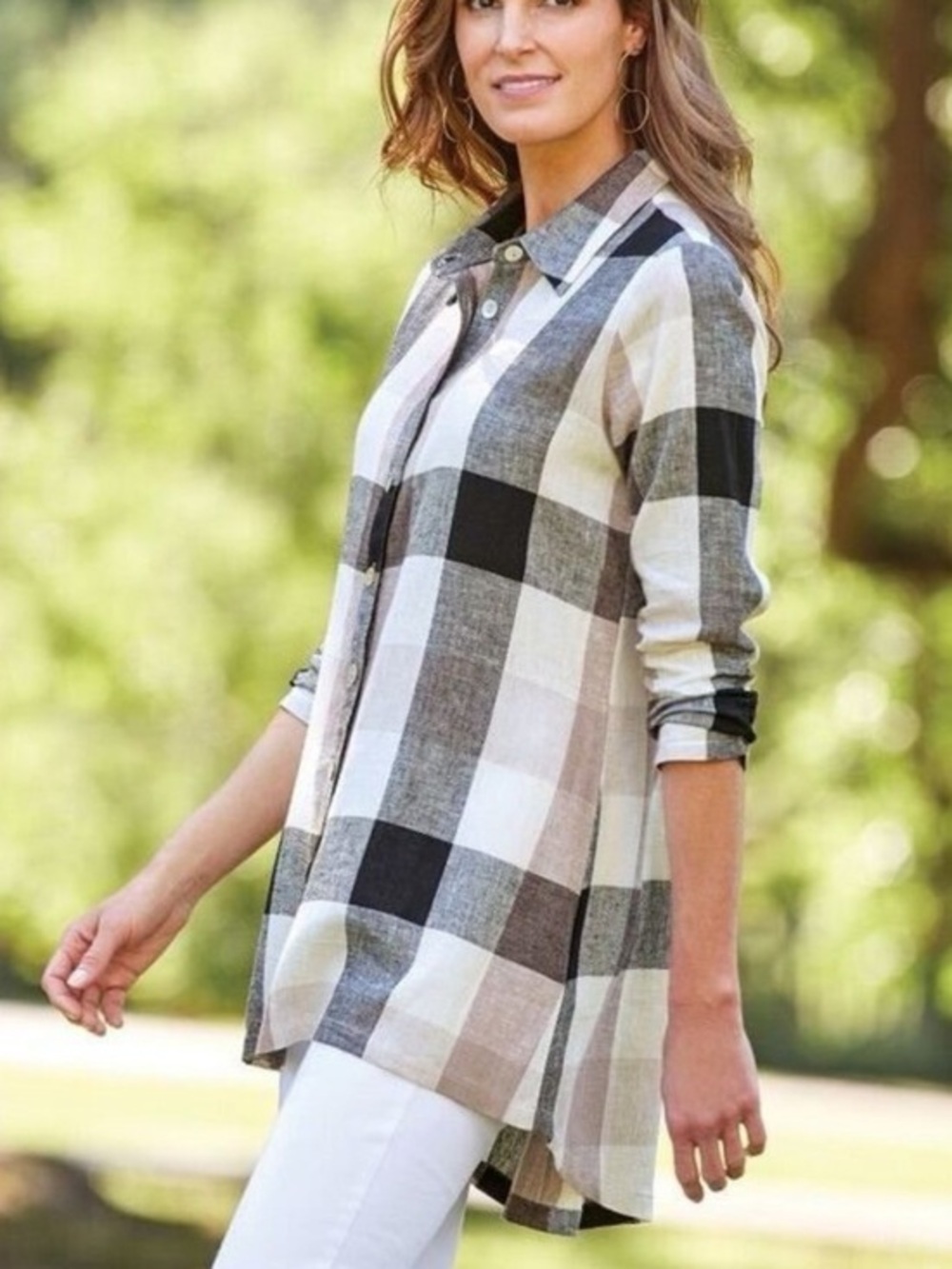 Match Point USA 100% Linen Plaid Tunic Top with Pockets
